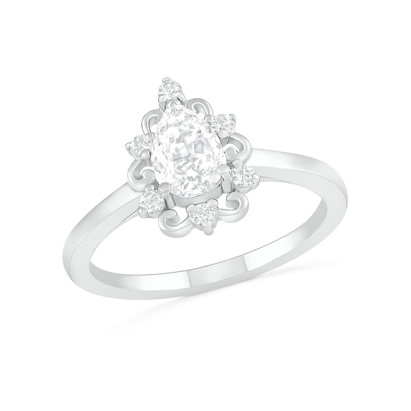 Main Image 4 of Pear-Shaped White Lab-Created Sapphire Ornate Frame Vintage-Style Bridal Set in Sterling Silver