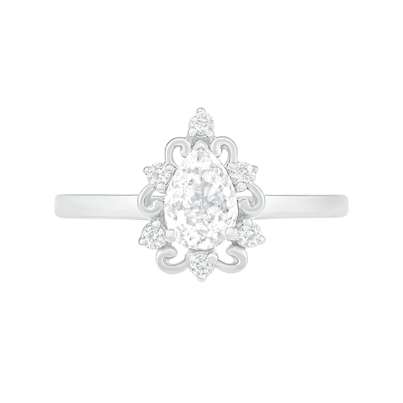 Main Image 5 of Pear-Shaped White Lab-Created Sapphire Ornate Frame Vintage-Style Bridal Set in Sterling Silver