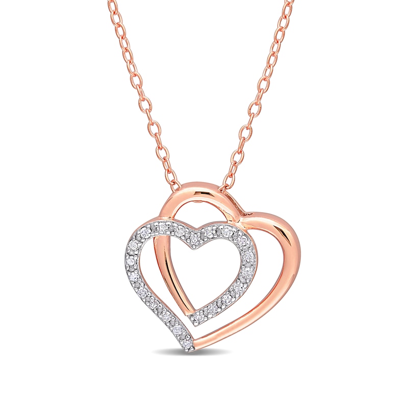 Main Image 1 of 0.10 CT. T.W. Diamond Double Heart Pendant in Sterling Silver with 18K Rose Gold Plate
