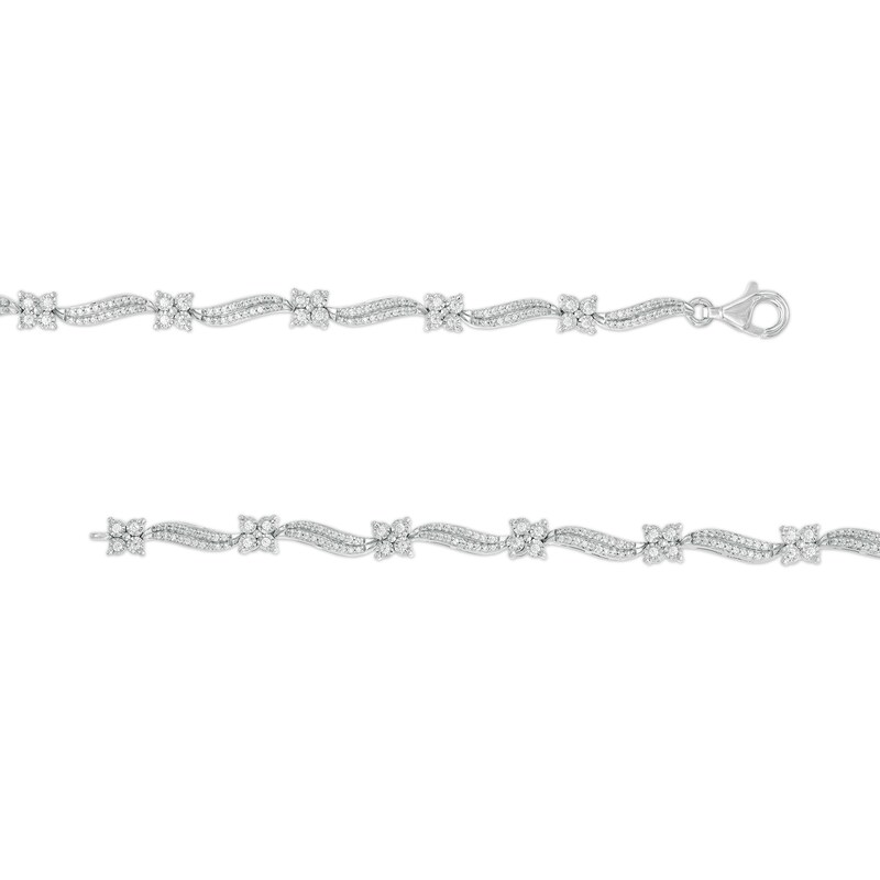 Main Image 3 of 1.00 CT. T.W. Diamond Wavy Flower Station Bracelet in Sterling Silver - 7.25"