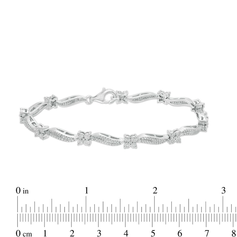 1.00 CT. T.W. Diamond Wavy Flower Station Bracelet in Sterling Silver - 7.25"
