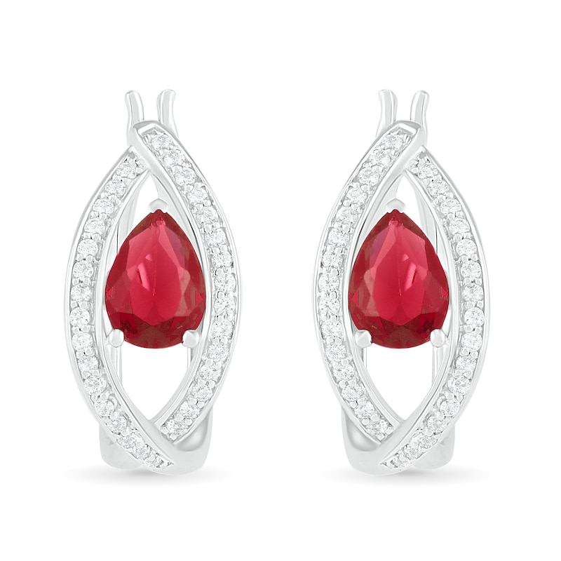 Pear-Shaped Lab-Created Ruby and White Sapphire Marquise Orbit Frame Hoop Earrings in Sterling Silver