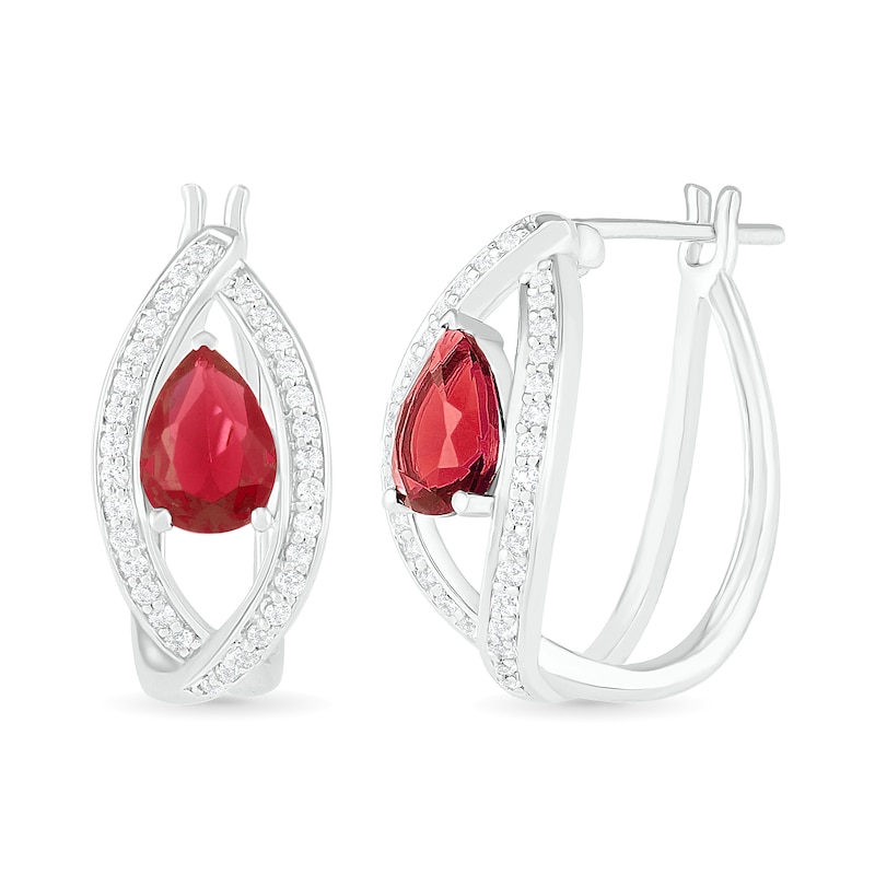 Pear-Shaped Lab-Created Ruby and White Sapphire Marquise Orbit Frame Hoop Earrings in Sterling Silver