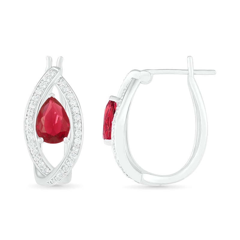 Pear-Shaped Lab-Created Ruby and White Sapphire Marquise Orbit Frame Hoop Earrings in Sterling Silver