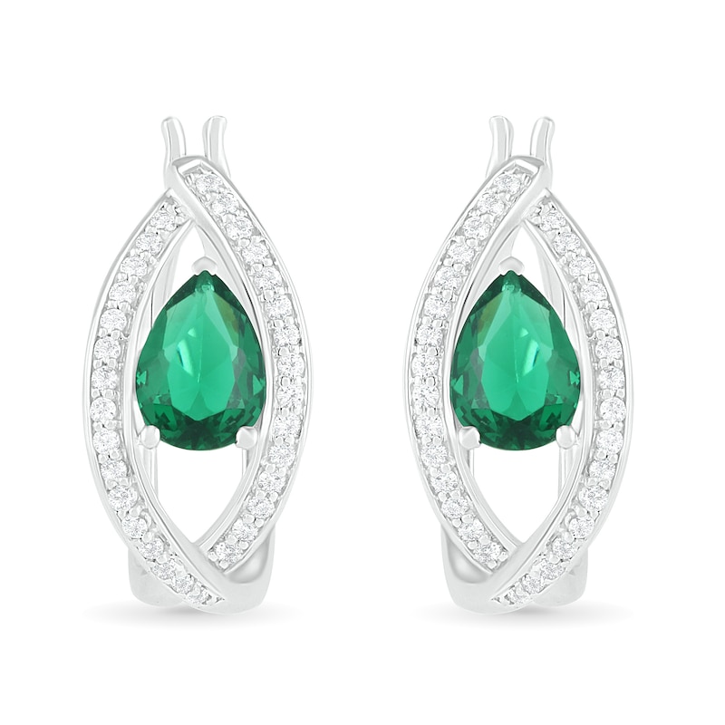 Pear-Shaped Lab-Created Emerald and White Sapphire Marquise Orbit Frame Hoop Earrings in Sterling Silver