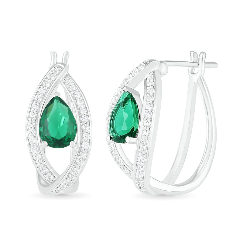 Pear-Shaped Lab-Created Emerald and White Sapphire Marquise Orbit Frame Hoop Earrings in Sterling Silver