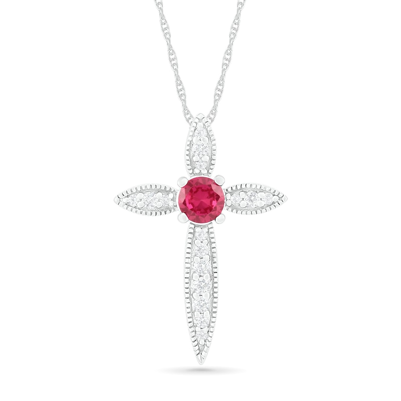 Main Image 1 of 4.0mm Lab-Created Ruby and White Sapphire Vintage-Style Cross Pendant in Sterling Silver