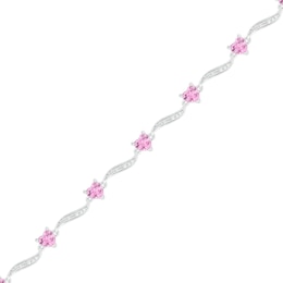 4.0mm Heart-Shaped Lab-Created Pink Sapphire and Beaded Wave Link Alternating Line Bracelet in Sterling Silver - 7.25"