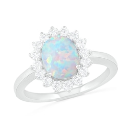 Oval Lab-Created Opal and White Sapphire Starburst Frame Ring in Sterling Silver