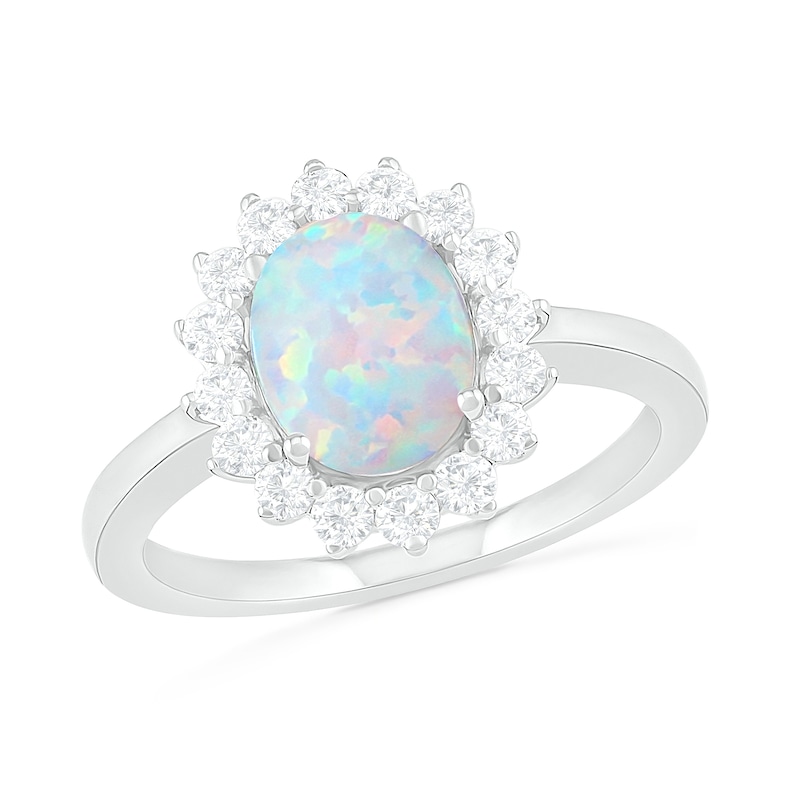 Oval Lab-Created Opal and White Sapphire Starburst Frame Ring in Sterling Silver|Peoples Jewellers