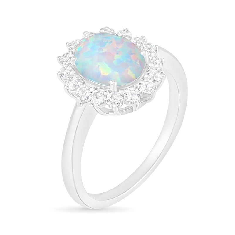 Oval Lab-Created Opal and White Sapphire Starburst Frame Ring in Sterling Silver