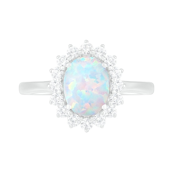Oval Lab-Created Opal and White Sapphire Starburst Frame Ring in Sterling Silver