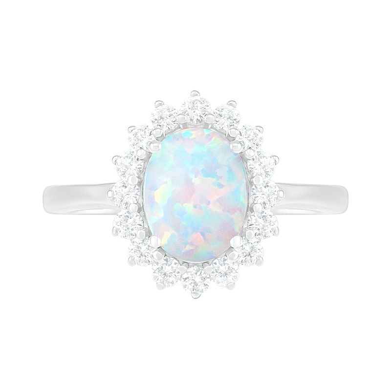 Oval Lab-Created Opal and White Sapphire Starburst Frame Ring in Sterling Silver