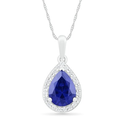 Pear-Shaped Lab-Created Blue and White Sapphire Frame Teardrop Pendant in Sterling Silver