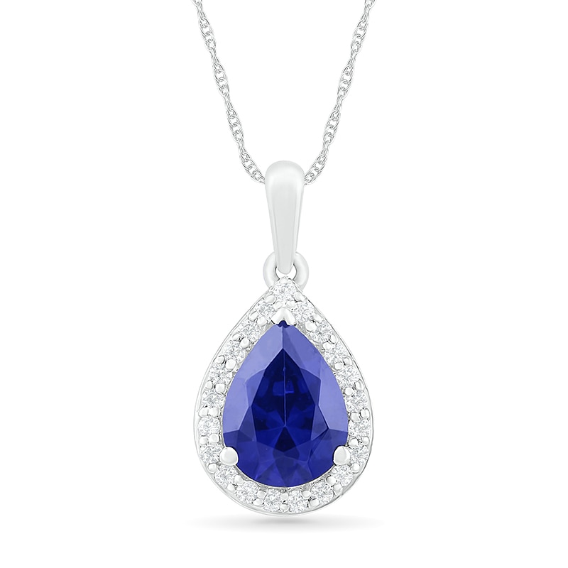 Pear-Shaped Lab-Created Blue and White Sapphire Frame Teardrop Pendant in Sterling Silver