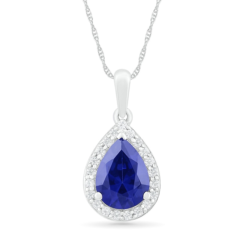 Main Image 1 of Pear-Shaped Lab-Created Blue and White Sapphire Frame Teardrop Pendant in Sterling Silver