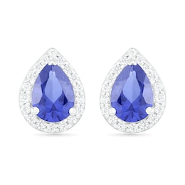 Pear-Shaped Lab-Created Blue and White Sapphire Frame Teardrop Earrings in Sterling Silver