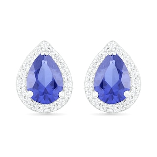 Pear-Shaped Lab-Created Blue and White Sapphire Frame Teardrop Earrings in Sterling Silver