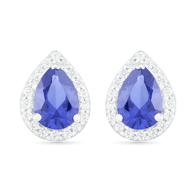 Pear-Shaped Lab-Created Blue and White Sapphire Frame Teardrop Earrings in Sterling Silver