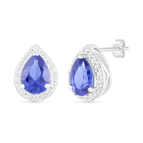 Pear-Shaped Lab-Created Blue and White Sapphire Frame Teardrop Earrings in Sterling Silver