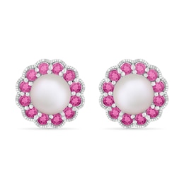 Freshwater Cultured Pearl and Lab-Created Pink Sapphire Frame Vintage-Style Flower Stud Earrings in Sterling Silver