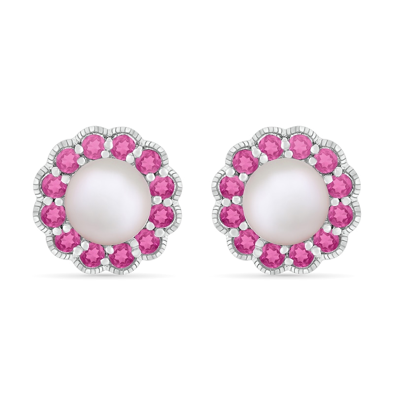 Freshwater Cultured Pearl and Lab-Created Pink Sapphire Frame Vintage-Style Flower Stud Earrings in Sterling Silver