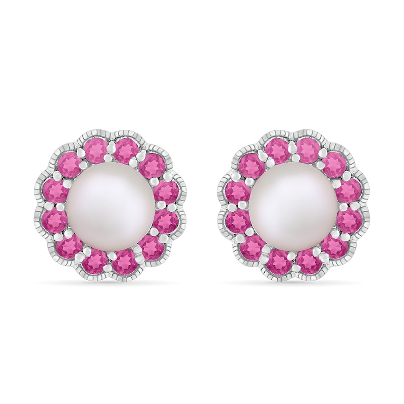 Cultured Freshwater Pearl and Lab-Created Pink Sapphire Frame Vintage-Style Flower Stud Earrings in Sterling Silver