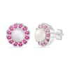 Thumbnail Image 1 of Cultured Freshwater Pearl and Lab-Created Pink Sapphire Frame Vintage-Style Flower Stud Earrings in Sterling Silver