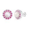 Thumbnail Image 2 of Freshwater Cultured Pearl and Lab-Created Pink Sapphire Frame Vintage-Style Flower Stud Earrings in Sterling Silver