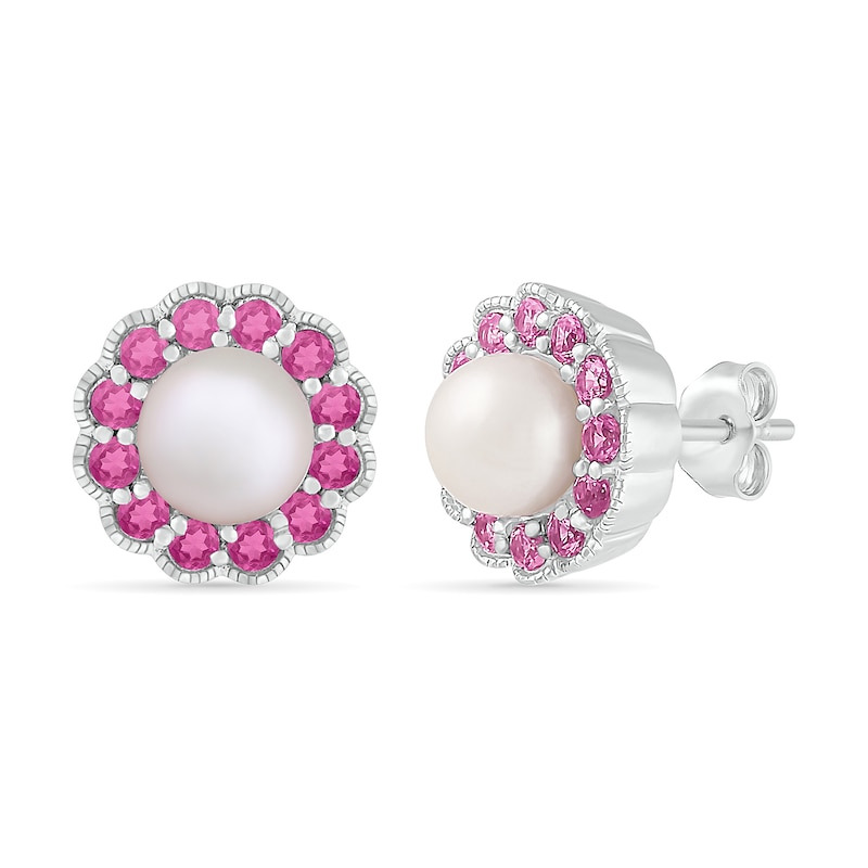Cultured Freshwater Pearl and Lab-Created Pink Sapphire Frame Vintage-Style Flower Stud Earrings in Sterling Silver