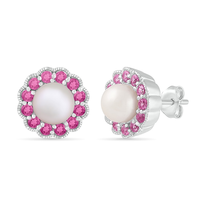 Main Image 2 of Freshwater Cultured Pearl and Lab-Created Pink Sapphire Frame Vintage-Style Flower Stud Earrings in Sterling Silver