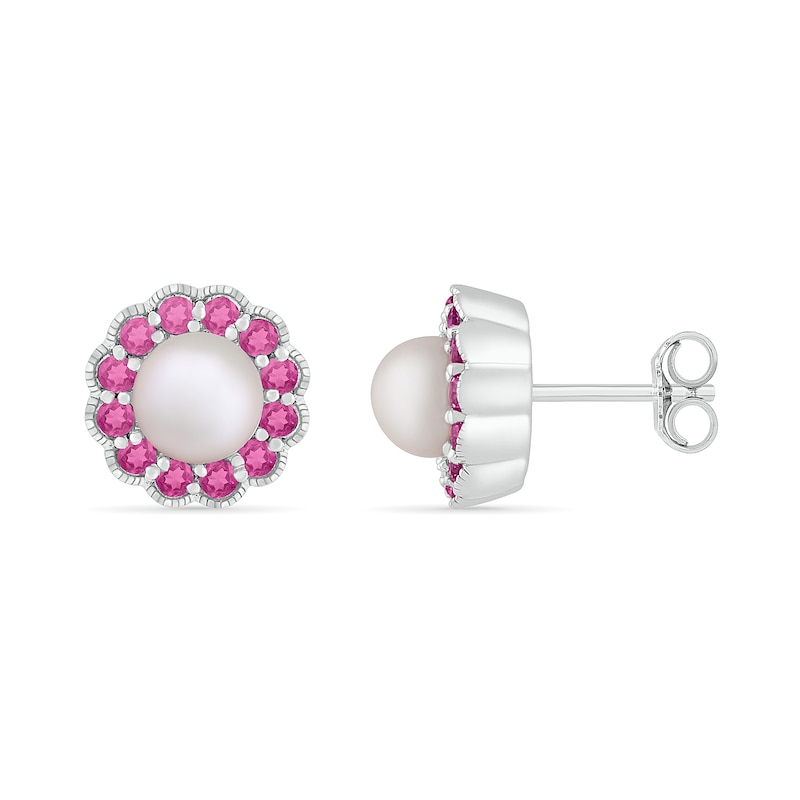 Cultured Freshwater Pearl and Lab-Created Pink Sapphire Frame Vintage-Style Flower Stud Earrings in Sterling Silver