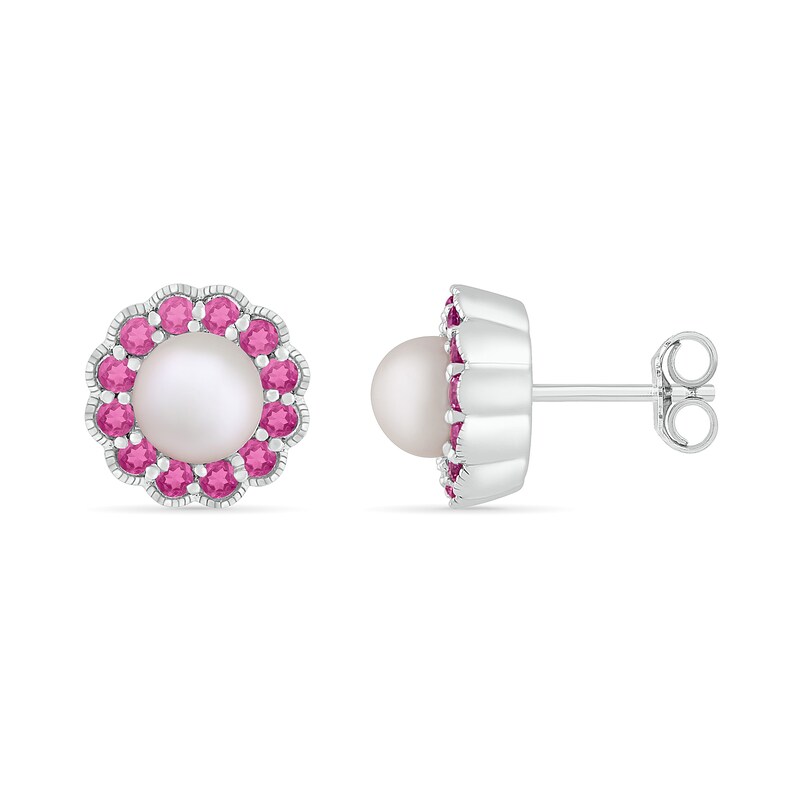 Main Image 3 of Freshwater Cultured Pearl and Lab-Created Pink Sapphire Frame Vintage-Style Flower Stud Earrings in Sterling Silver