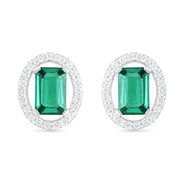 Emerald-Cut Lab-Created Emerald and White Sapphire Open Oval Frame Drop Earrings in Sterling Silver