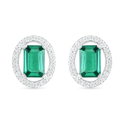 Emerald-Cut Lab-Created Emerald and White Sapphire Open Oval Frame Drop Earrings in Sterling Silver