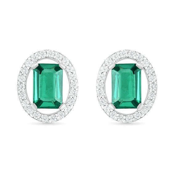 Emerald-Cut Lab-Created Emerald and White Sapphire Open Oval Frame Drop Earrings in Sterling Silver