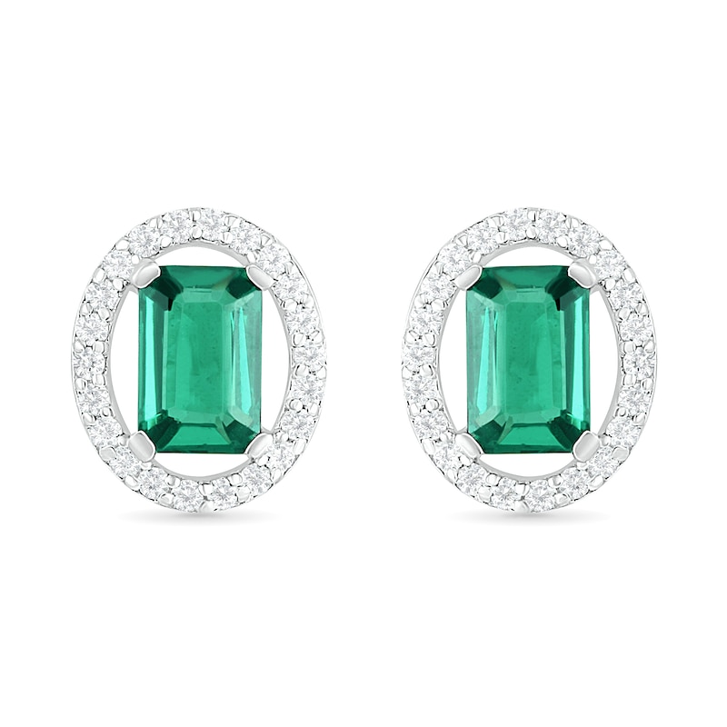 Emerald-Cut Lab-Created Emerald and White Sapphire Open Oval Frame Drop Earrings in Sterling Silver