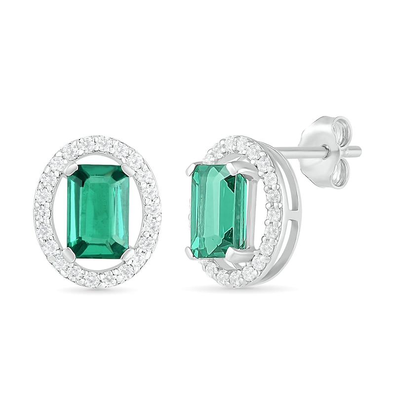 Main Image 2 of Emerald-Cut Lab-Created Emerald and White Sapphire Open Oval Frame Drop Earrings in Sterling Silver