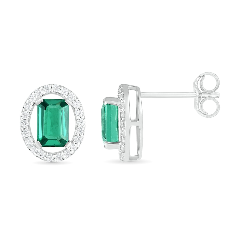 Main Image 3 of Emerald-Cut Lab-Created Emerald and White Sapphire Open Oval Frame Drop Earrings in Sterling Silver