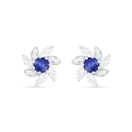 4.0mm Lab-Created Blue and White Sapphire Swirl Petal Frame Flower Stud Earrings in Sterling Silver