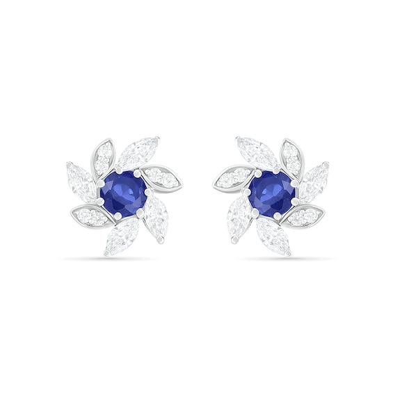 4.0mm Lab-Created Blue and White Sapphire Swirl Petal Frame Flower Stud Earrings in Sterling Silver