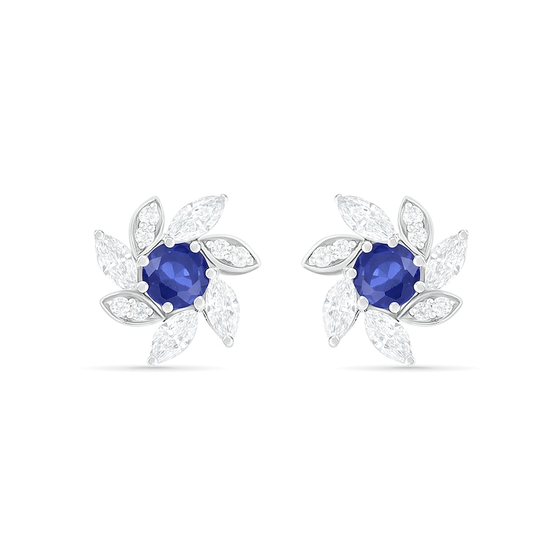 Main Image 1 of 4.0mm Lab-Created Blue and White Sapphire Swirl Petal Frame Flower Stud Earrings in Sterling Silver