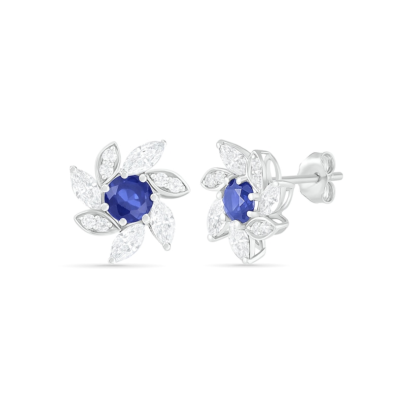 Main Image 2 of 4.0mm Lab-Created Blue and White Sapphire Swirl Petal Frame Flower Stud Earrings in Sterling Silver