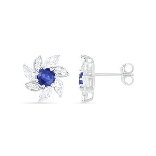4.0mm Lab-Created Blue and White Sapphire Swirl Petal Frame Flower Stud Earrings in Sterling Silver