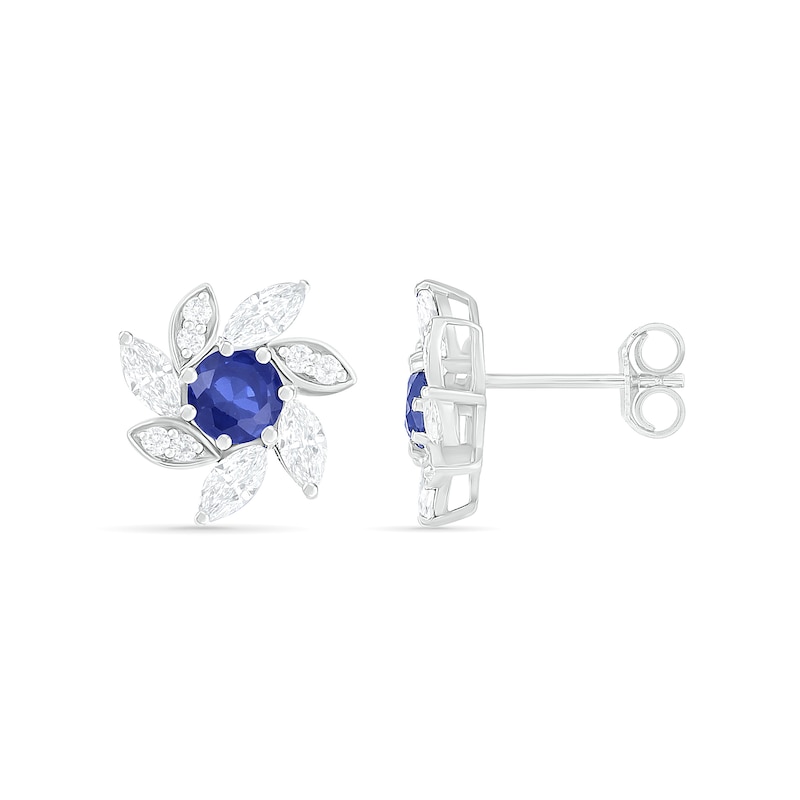 Main Image 3 of 4.0mm Lab-Created Blue and White Sapphire Swirl Petal Frame Flower Stud Earrings in Sterling Silver