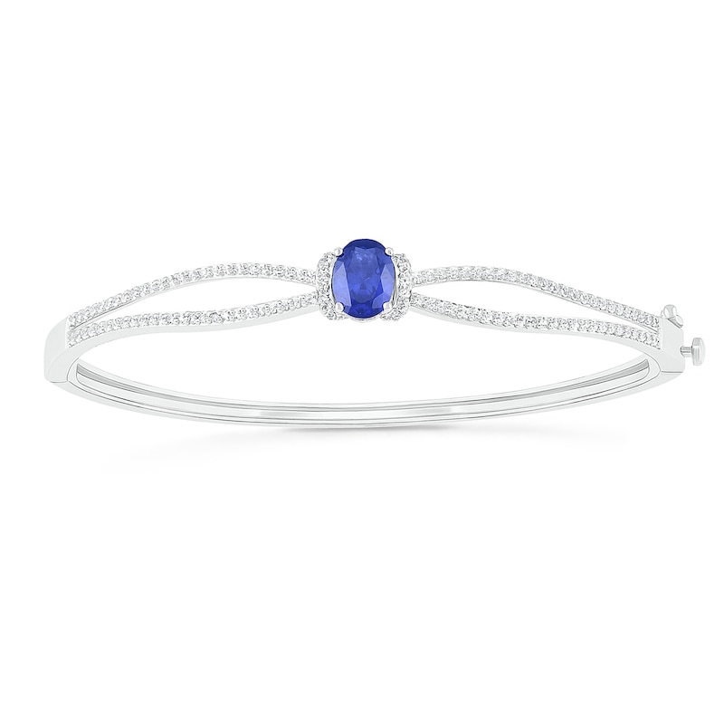 Oval Lab-Created Blue and White Sapphire Collar Double Row Loop Split Bangle in Sterling Silver