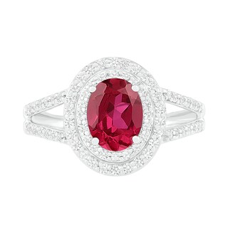 Oval Lab-Created Ruby and White Sapphire Double Frame Split Shank Ring in Sterling Silver