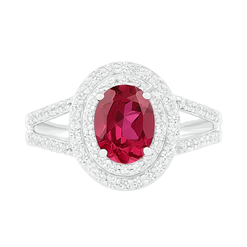 Oval Lab-Created Ruby and White Sapphire Double Frame Split Shank Ring in Sterling Silver