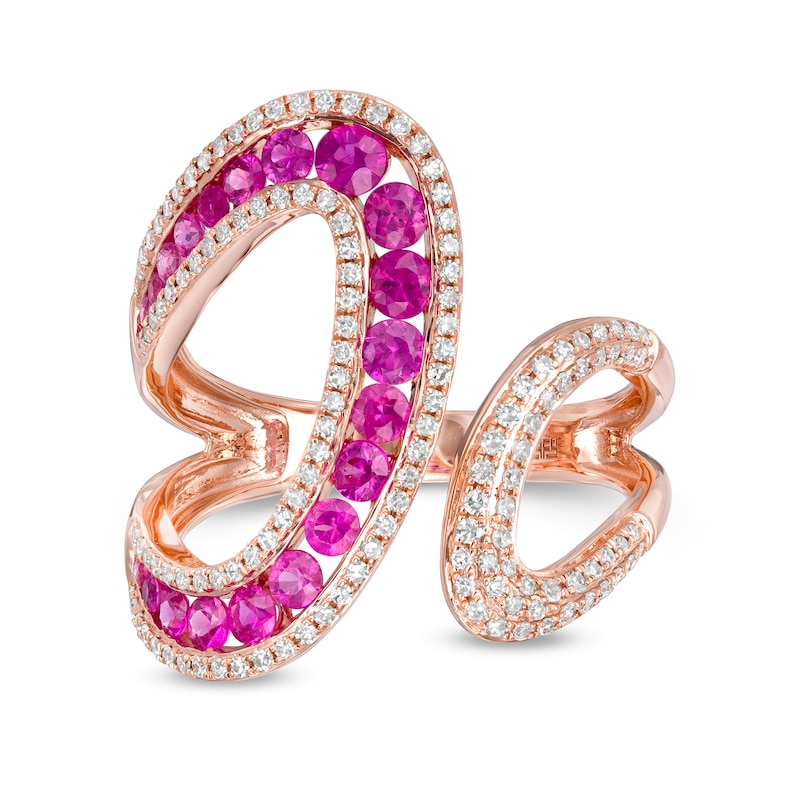 Main Image 1 of EFFY™ Collection Pink Sapphire and 0.43 CT. T.W. Diamond Open Loop Shank Wrap Ring in 14K Rose Gold