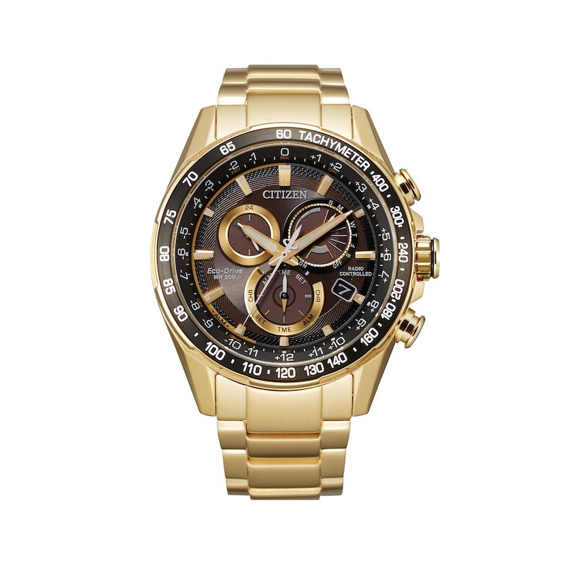 Main Image 1 of Men's Citizen Eco-Drive® PCAT Gold-Tone Chronograph Watch with Black Dial (Model: CB5912-50E)